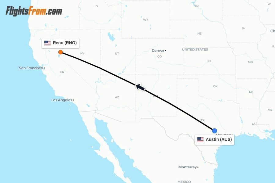 Flights from Austin to Reno route map