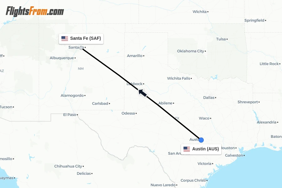 Flights from Austin to Santa Fe route map