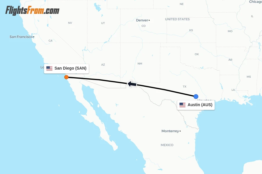 Flights from Austin to San Diego route map