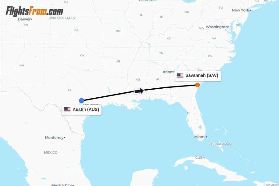 Flights from Austin to Savannah route map