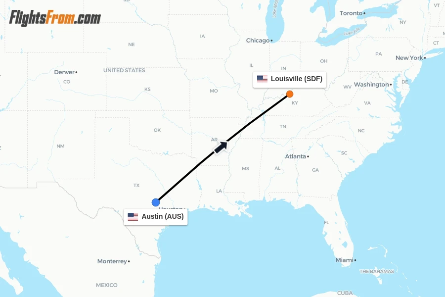 Flights from Austin to Louisville route map