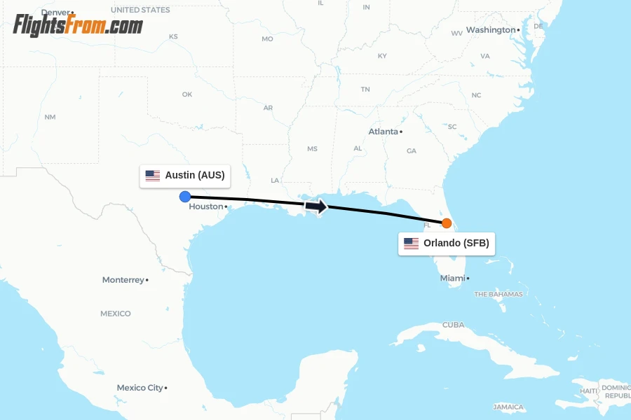 Flights from Austin to Orlando route map
