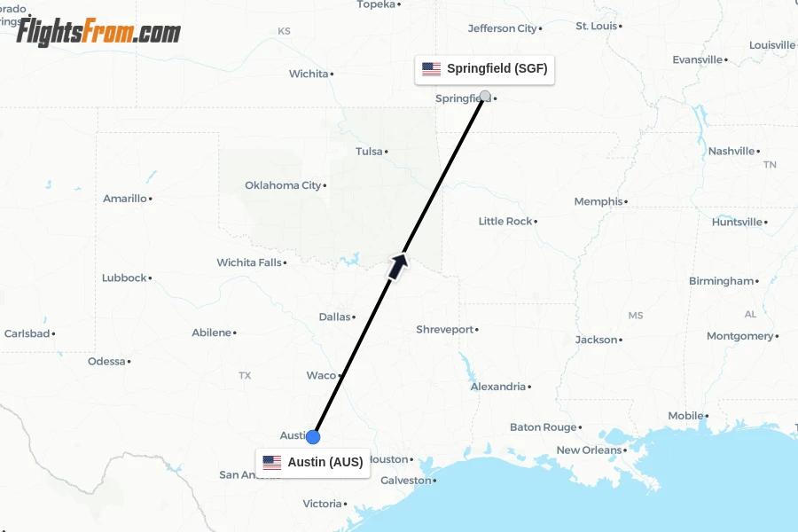 Flights from Austin to Springfield route map