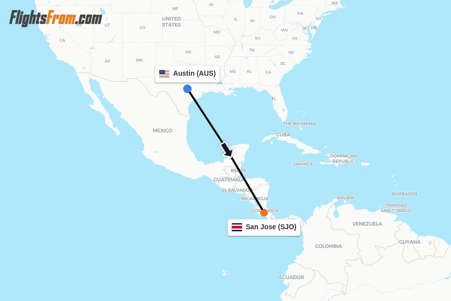 Flights from Austin to San Jose route map
