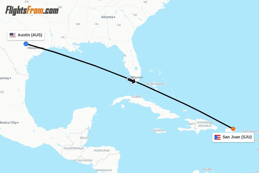 Flights from Austin to San Juan route map