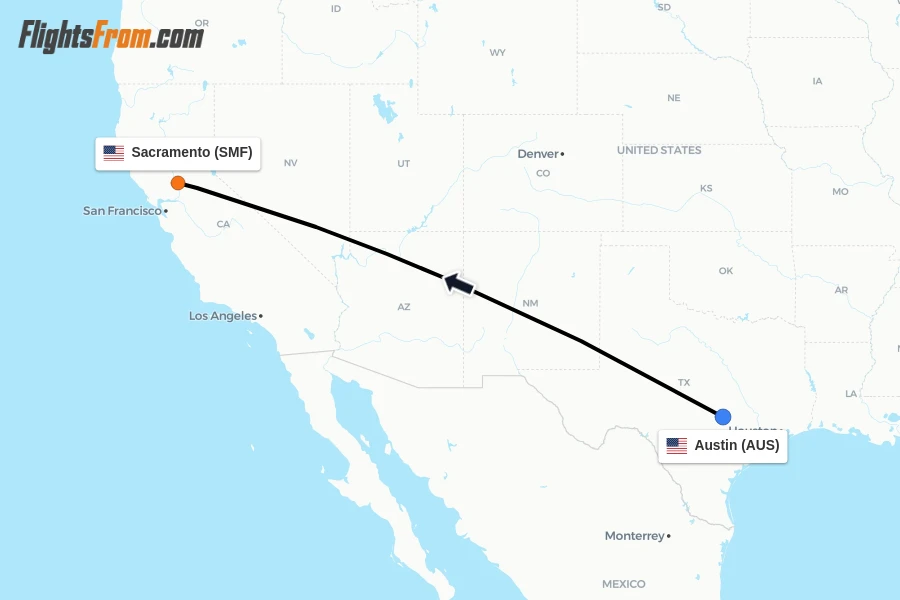 Flights from Austin to Sacramento route map