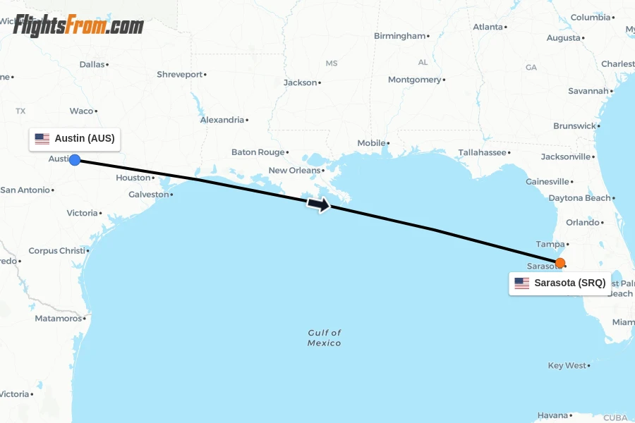 Flights from Austin to Sarasota route map