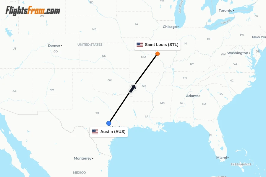 Flights from Austin to Saint Louis route map