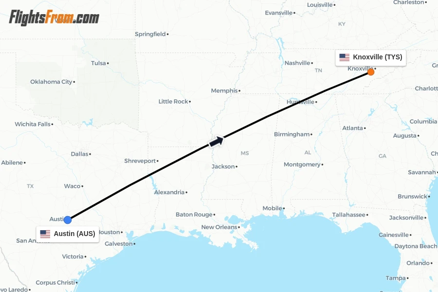Flights from Austin to Knoxville route map