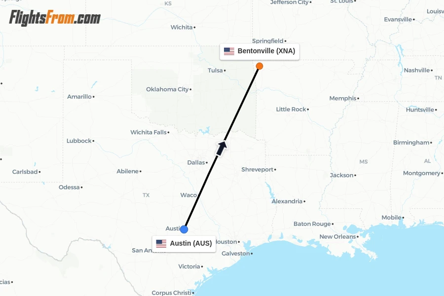 Flights from Austin to Bentonville route map