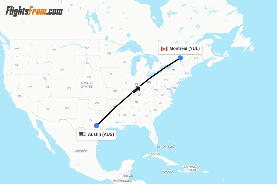 Flights from Austin to Montreal route map