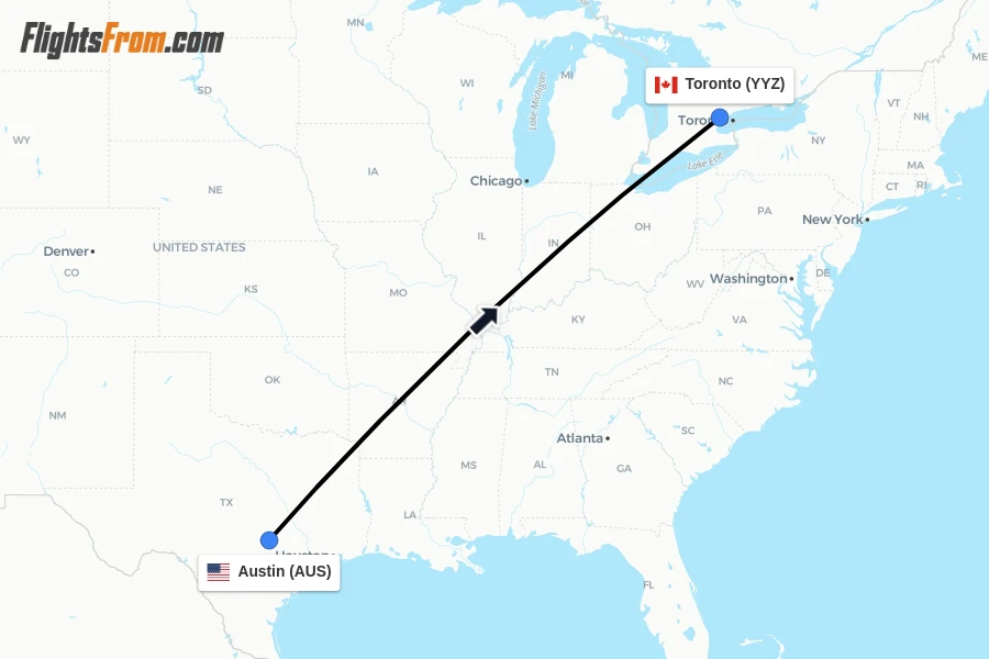 Flights from Austin to Toronto route map