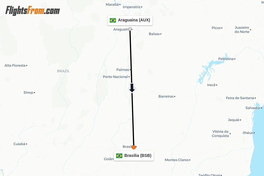 Flights from Araguaina to Brasilia route map