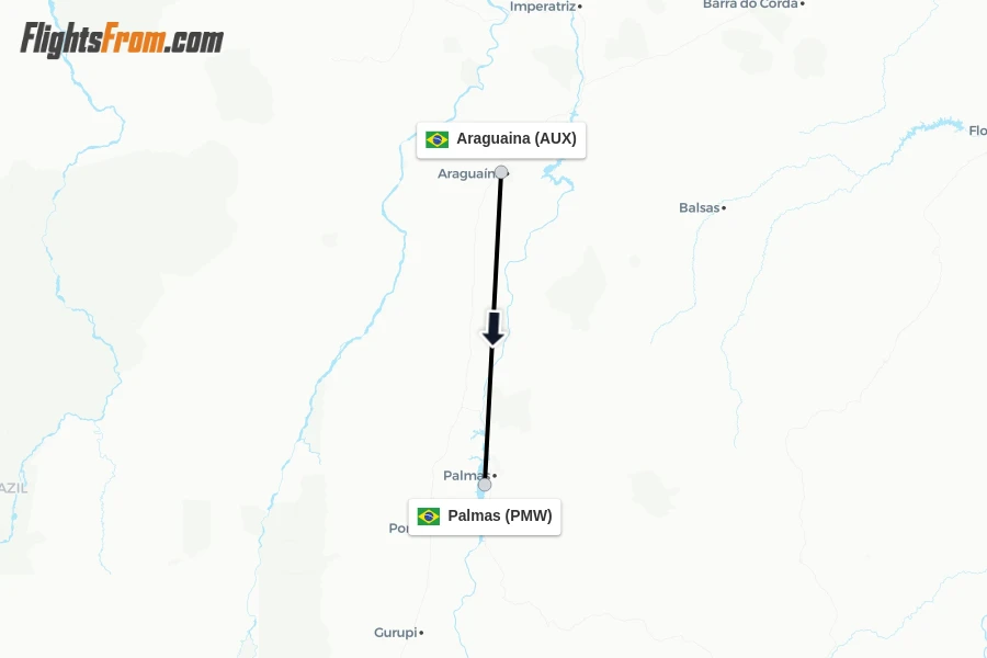 Flights from Araguaina to Palmas route map