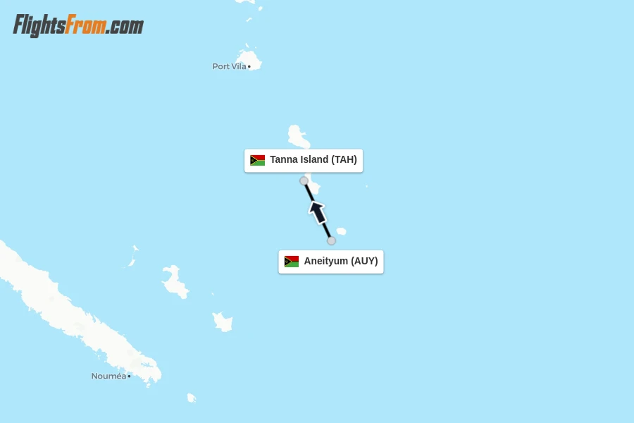 Flights from Aneityum to Tanna Island route map