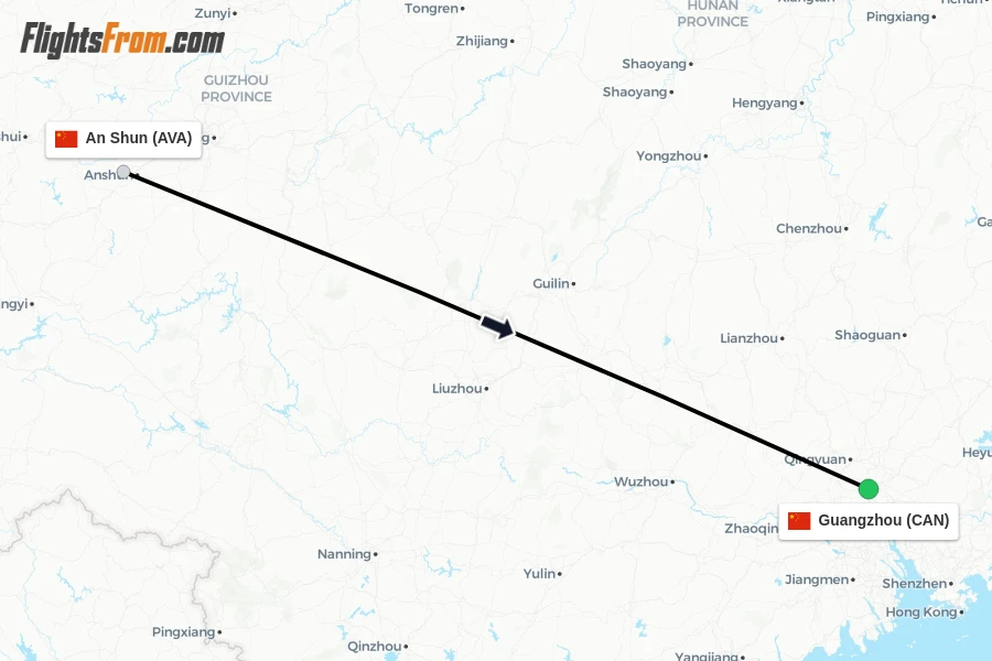 Flights from An Shun to Guangzhou route map