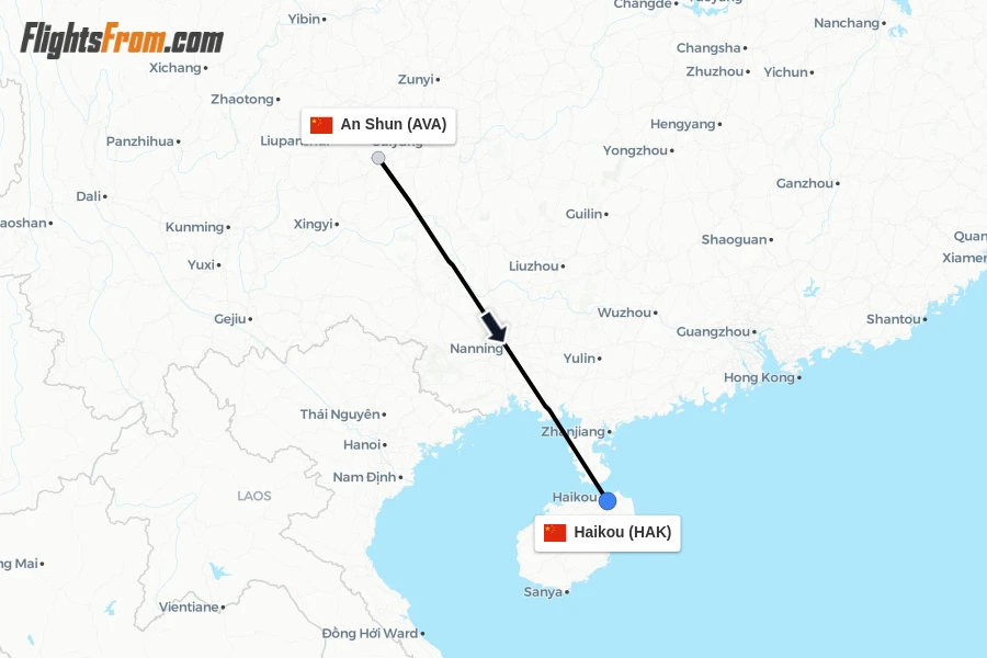 Flights from An Shun to Haikou route map