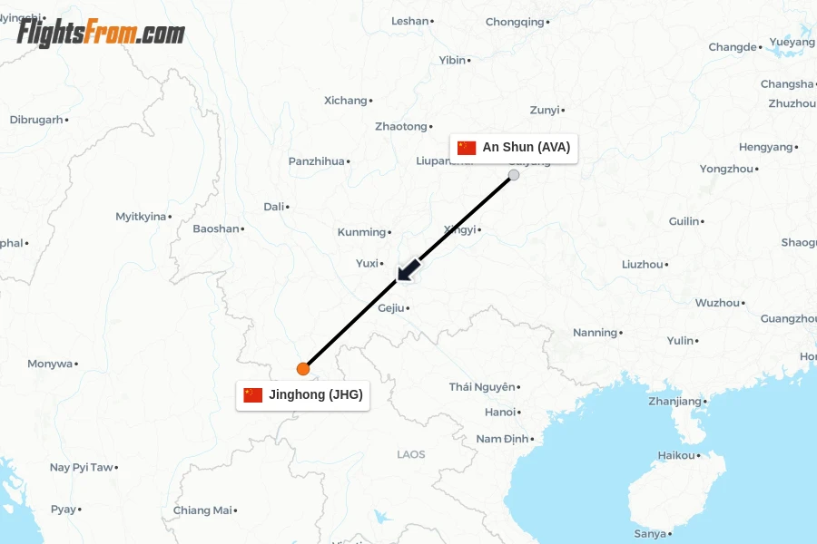 Flights from An Shun to Jinghong route map