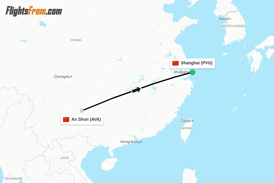 Flights from An Shun to Shanghai route map