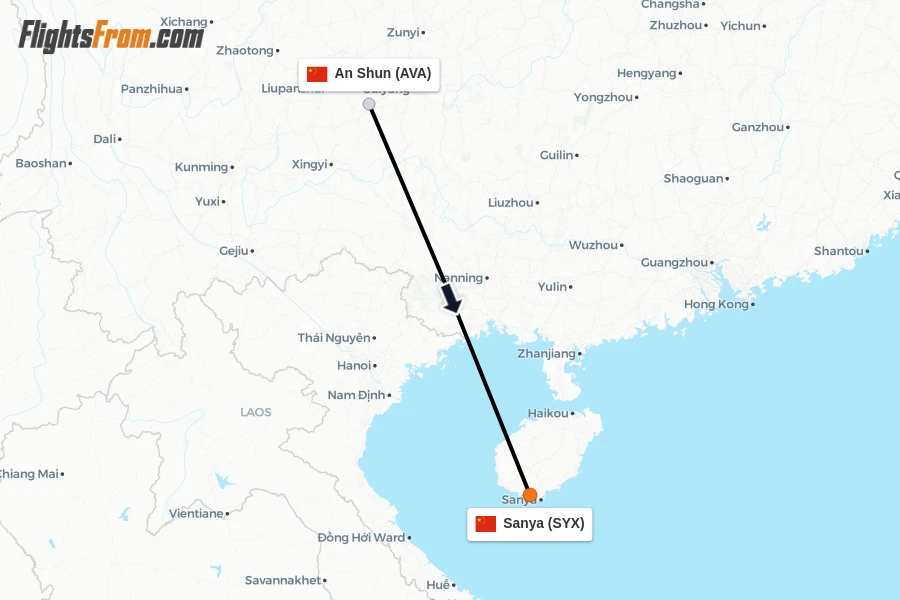 Flights from An Shun to Sanya route map