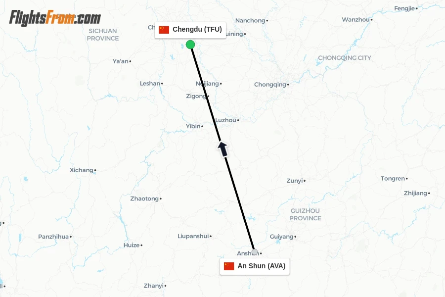 Flights from An Shun to Chengdu route map