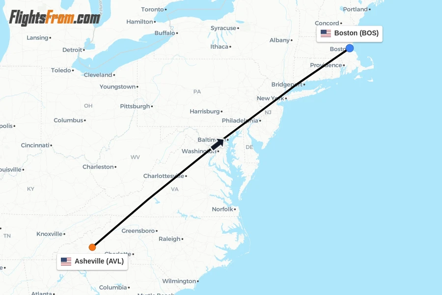 Flights from Asheville to Boston route map