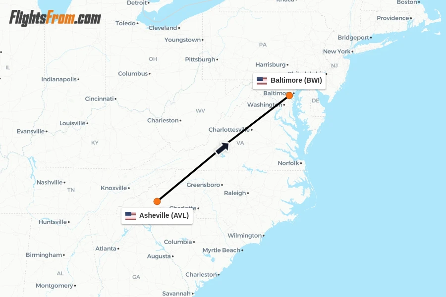 Flights from Asheville to Baltimore route map