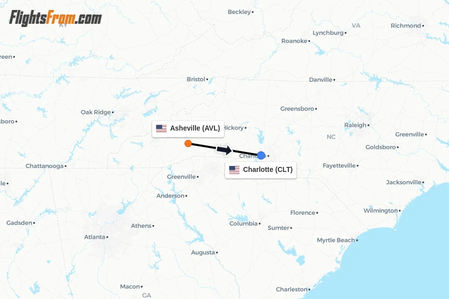 Flights from Asheville to Charlotte route map