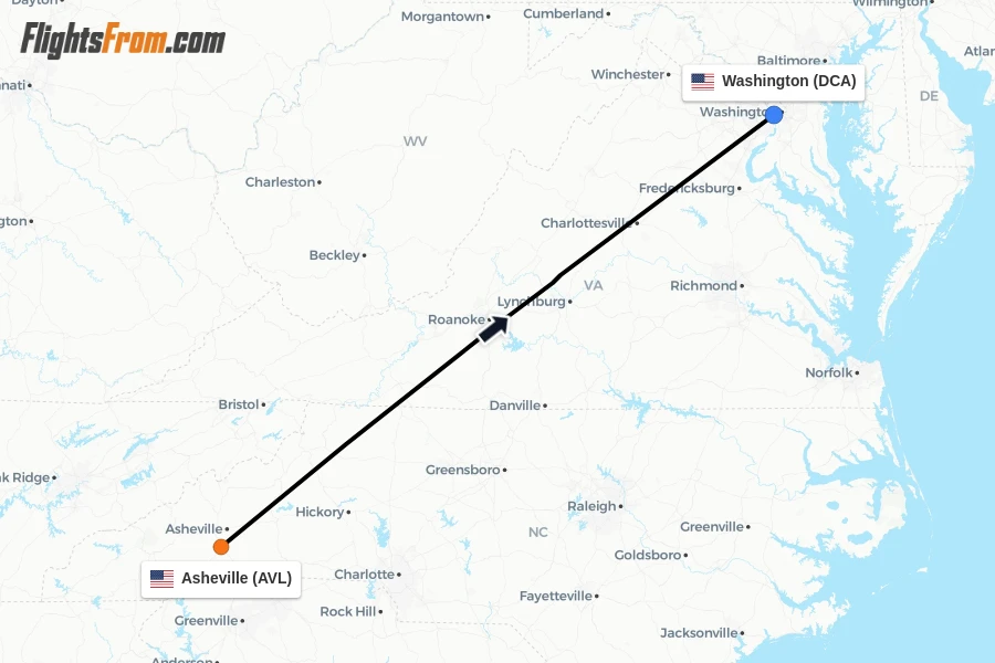 Flights from Asheville to Washington route map