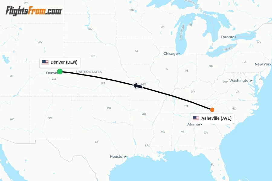 Flights from Asheville to Denver route map