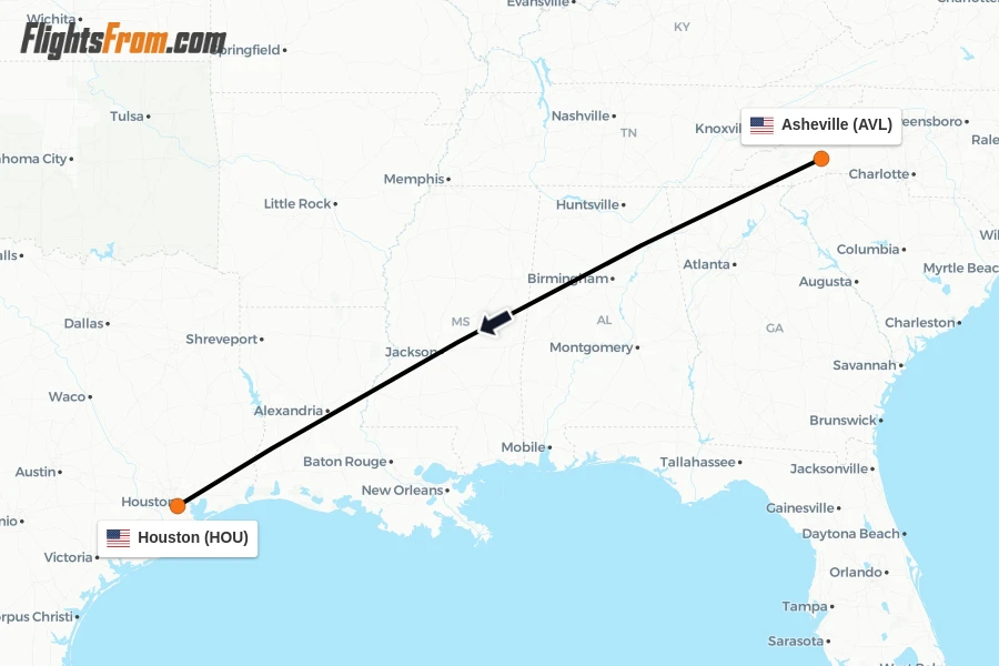Flights from Asheville to Houston route map