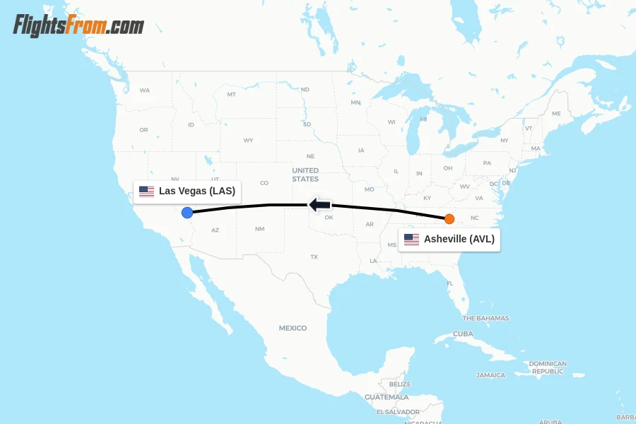 Flights from Asheville to Las Vegas route map