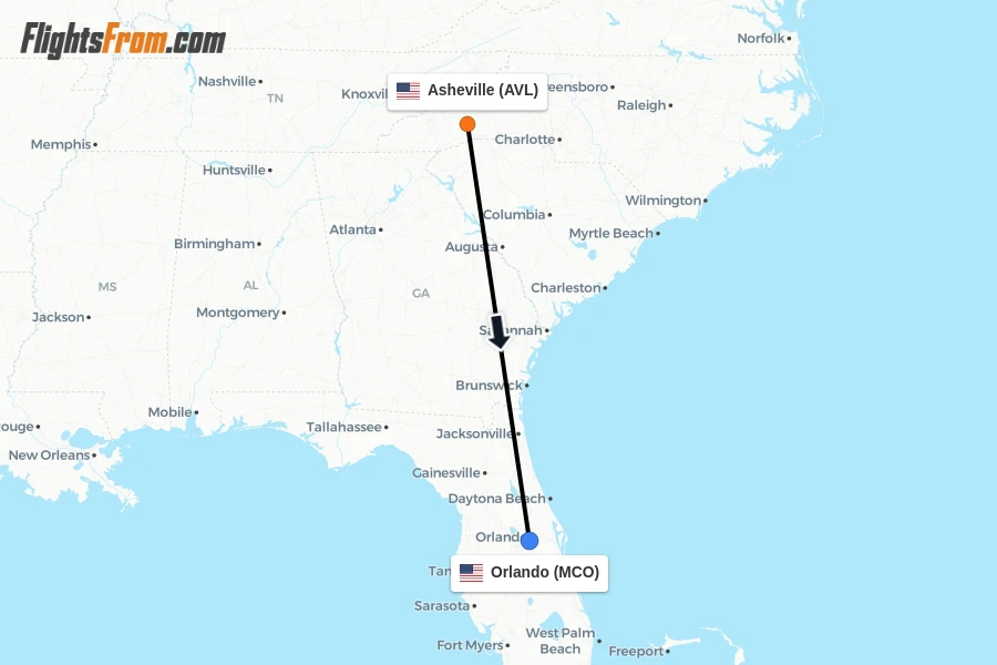 Flights from Asheville to Orlando route map