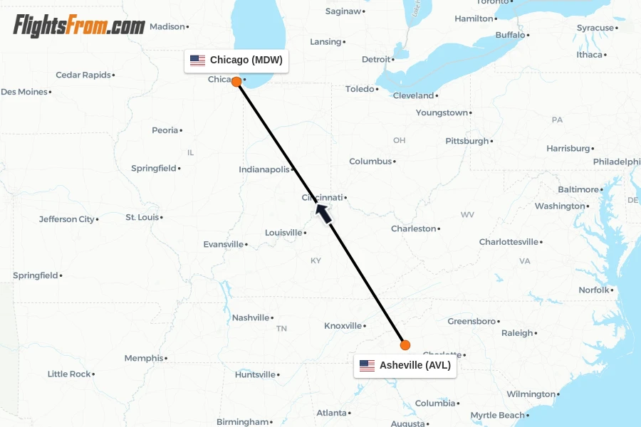 Flights from Asheville to Chicago route map