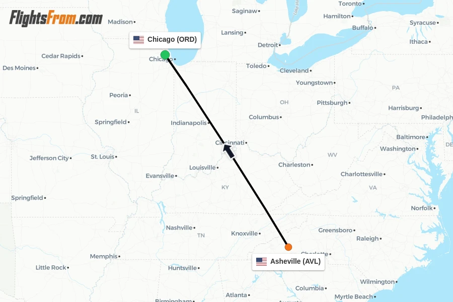 Flights from Asheville to Chicago route map