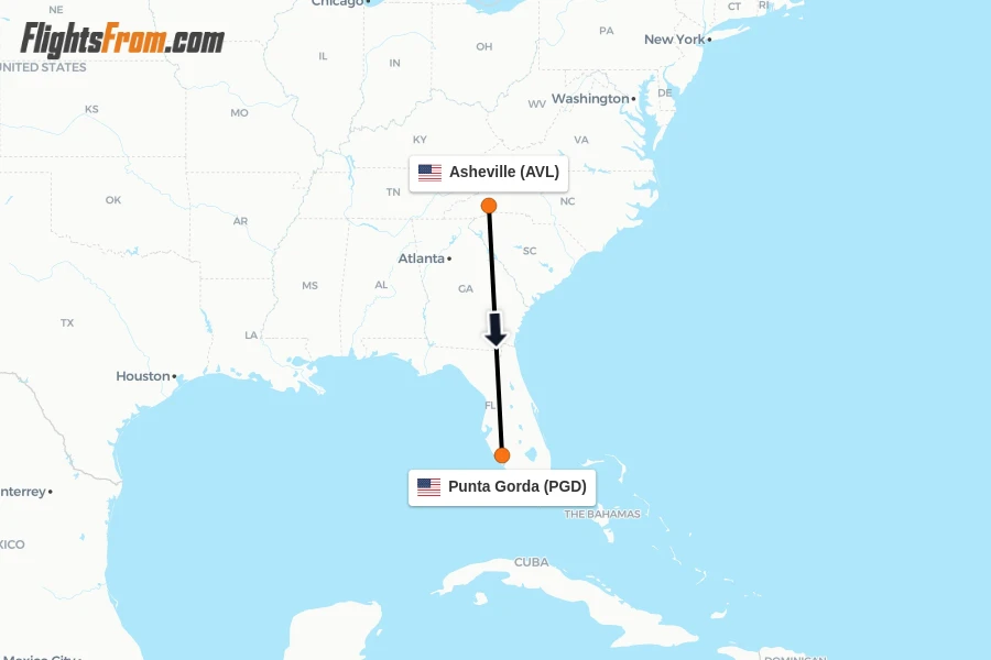 Flights from Asheville to Punta Gorda route map