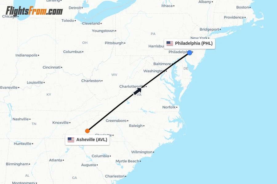 Flights from Asheville to Philadelphia route map