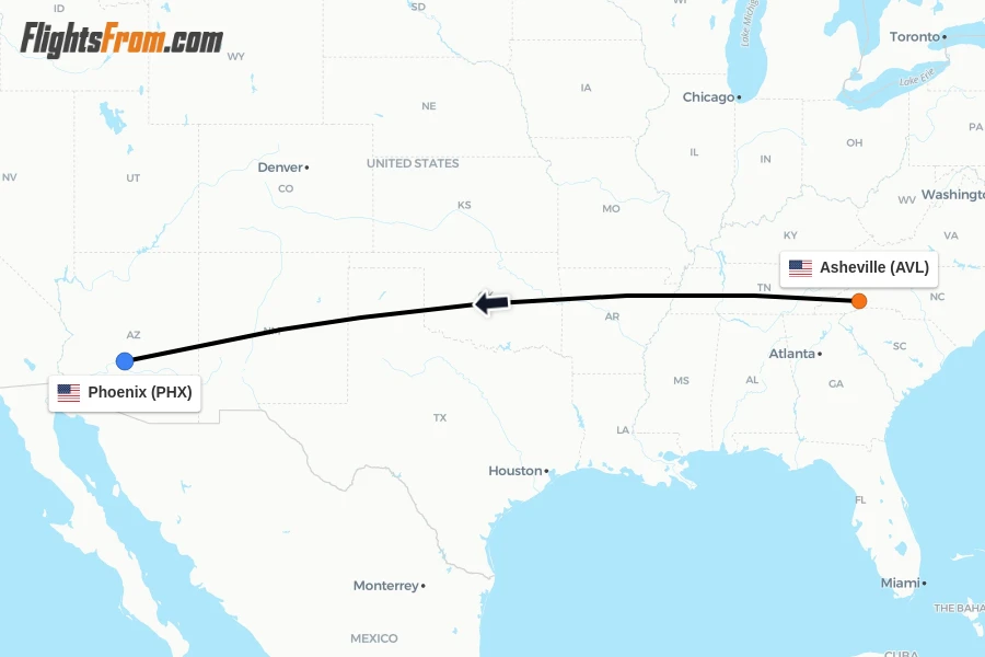 Flights from Asheville to Phoenix route map