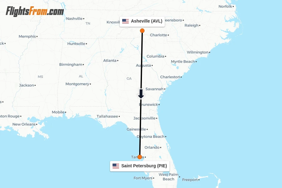 Flights from Asheville to Saint Petersburg route map