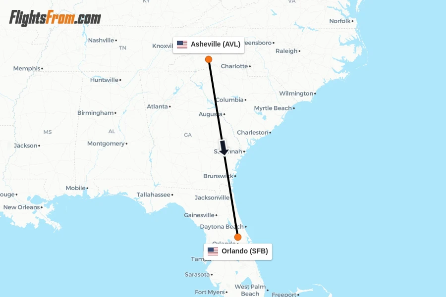 Flights from Asheville to Orlando route map