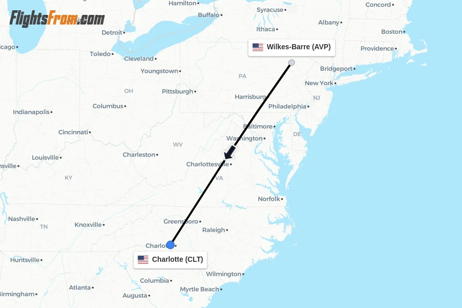 Flights from Wilkes-Barre to Charlotte route map