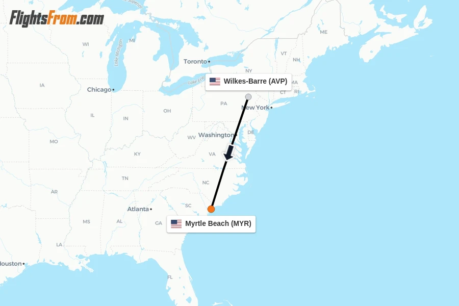 Flights from Wilkes-Barre to Myrtle Beach route map
