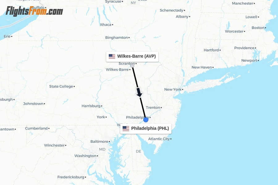 Flights from Wilkes-Barre to Philadelphia route map