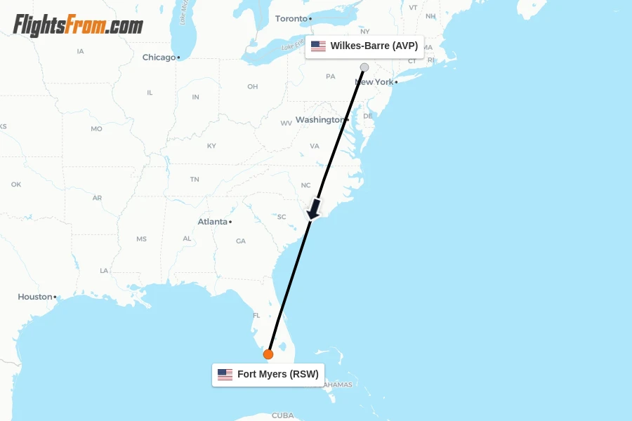 Flights from Wilkes-Barre to Fort Myers route map
