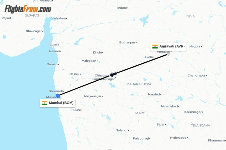 Flights from Amravati to Mumbai route map