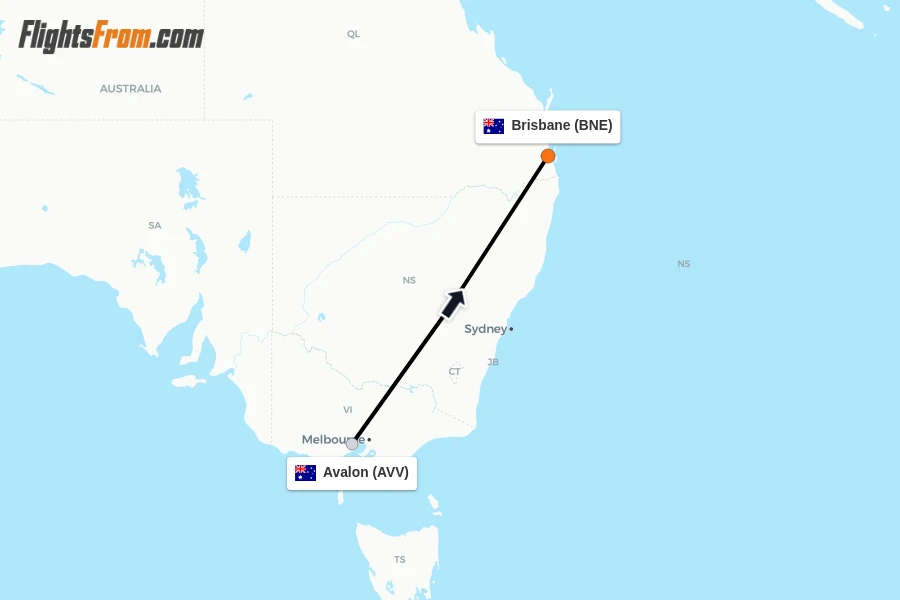 Flights from Avalon to Brisbane route map