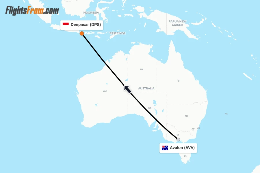 Flights from Avalon to Denpasar route map