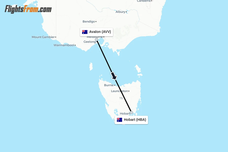 Flights from Avalon to Hobart route map