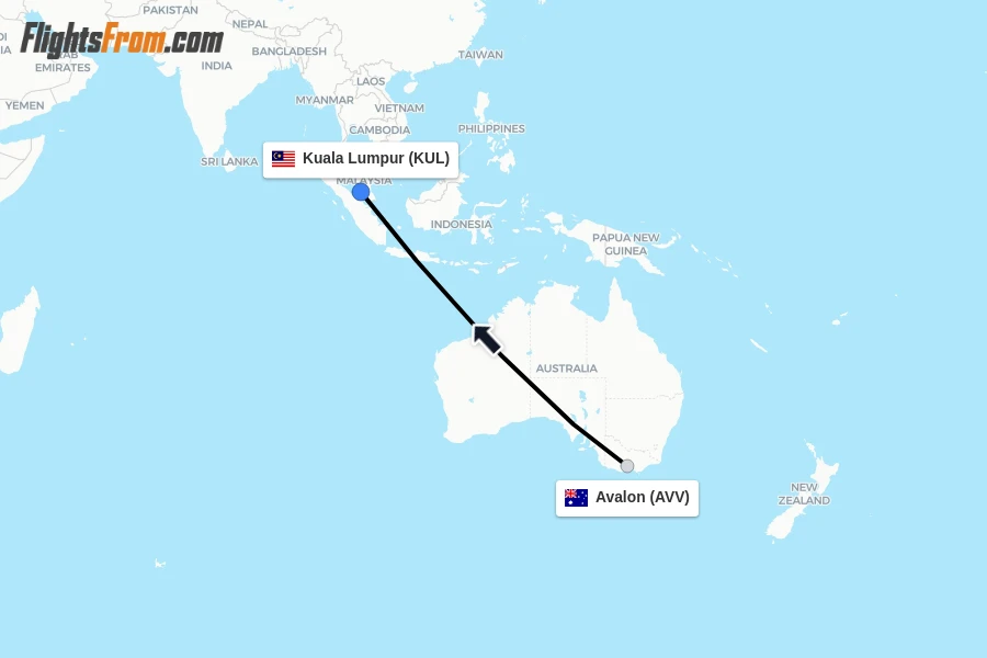 Flights from Avalon to Kuala Lumpur route map