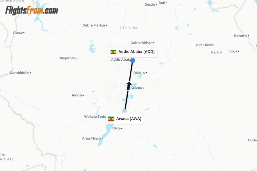 Flights from Awasa to Addis Ababa route map
